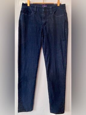 NYDJ| Dark Blue Ankle Stretch Denim Jeans w/Embellished Rhinestone Hem Sz 6